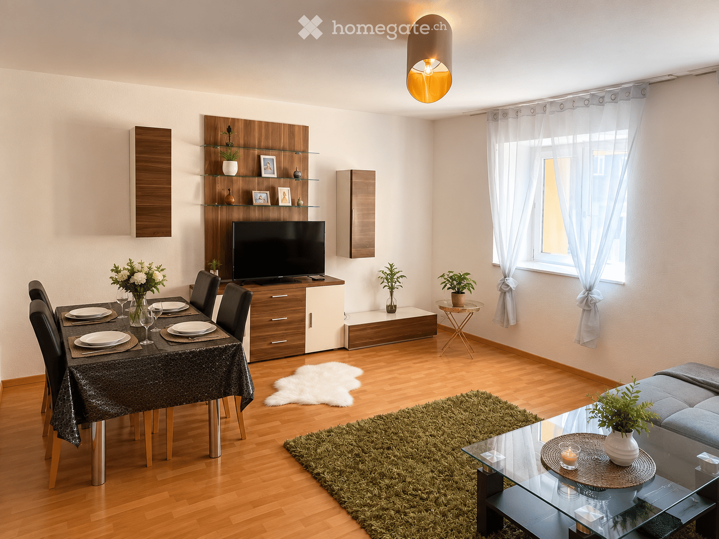 Modern living and dining area with wooden flooring, a grey sofa, glass coffee table, dining table with chairs, TV on a wooden stand, and decorative plants.