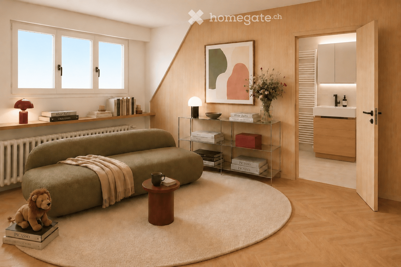 Modern living room with a curved green sofa, wooden floor, round wooden table, floor lamp, bookshelf, vase with flowers, and a small bathroom visible through an open doorway.
