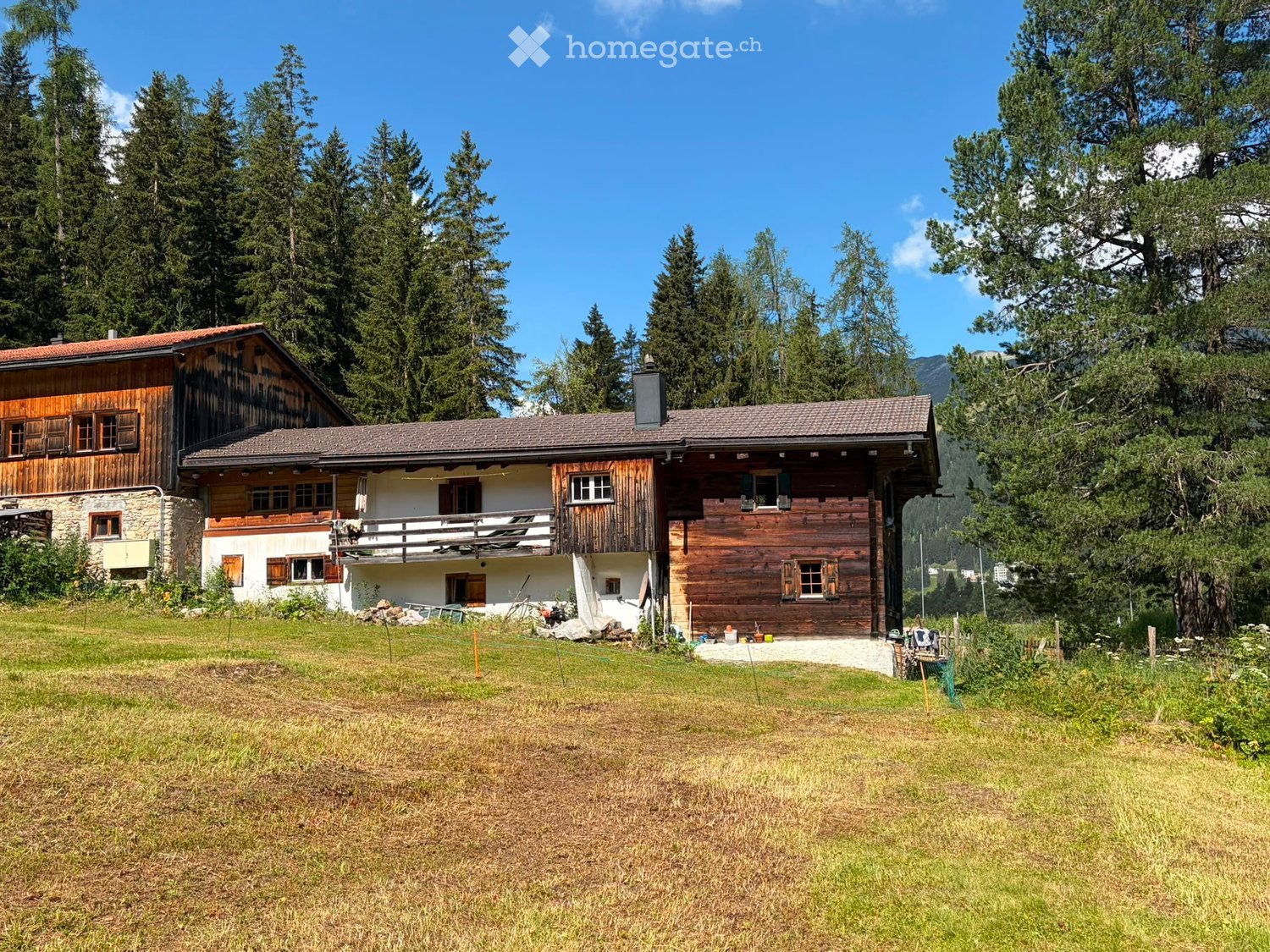 A two-story wooden house with a tiled roof, surrounded by tall trees and a grassy yard.