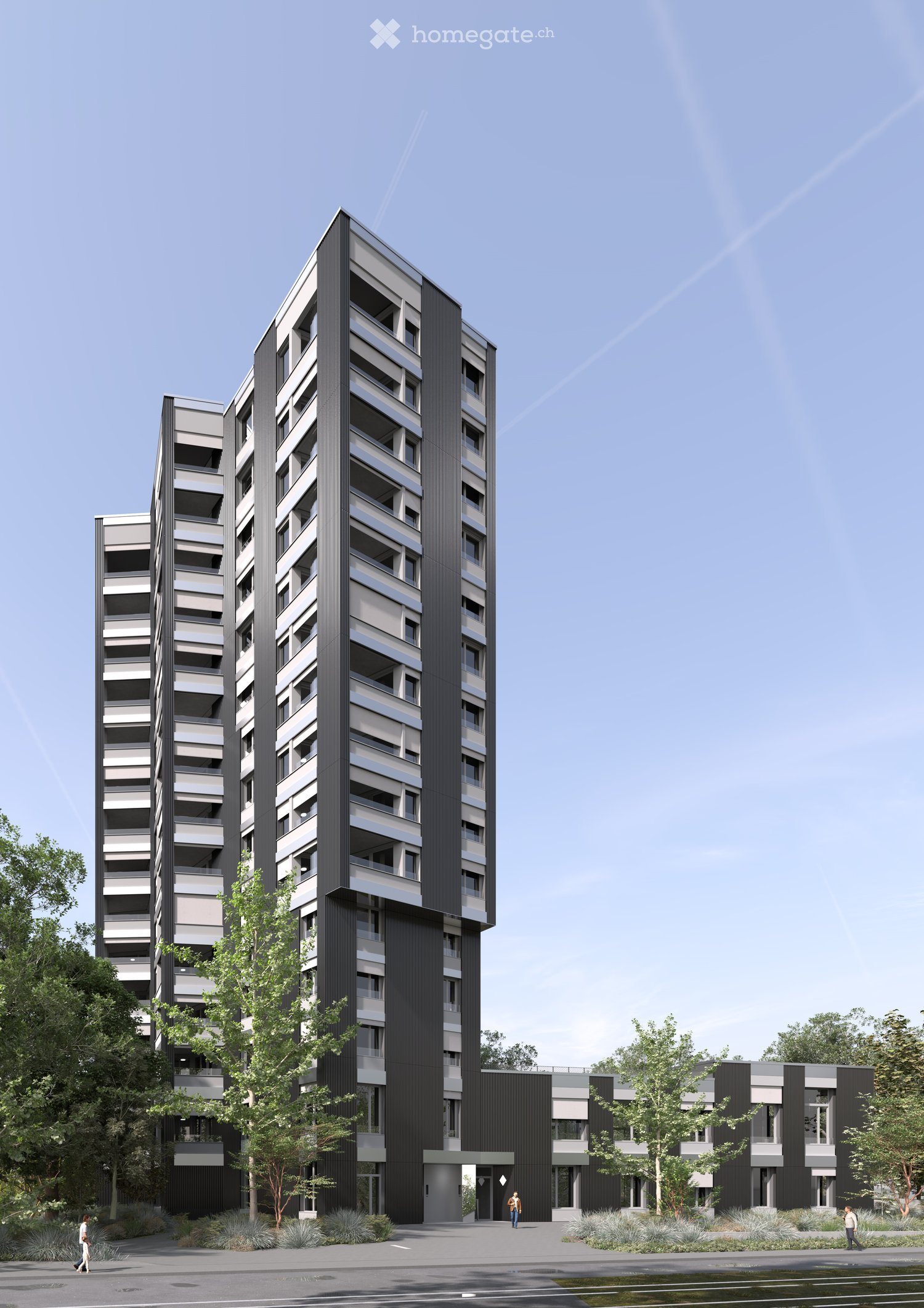 Modern multi-story residential building with a sleek, contemporary design, featuring large windows and balconies, surrounded by greenery and a paved walkway.