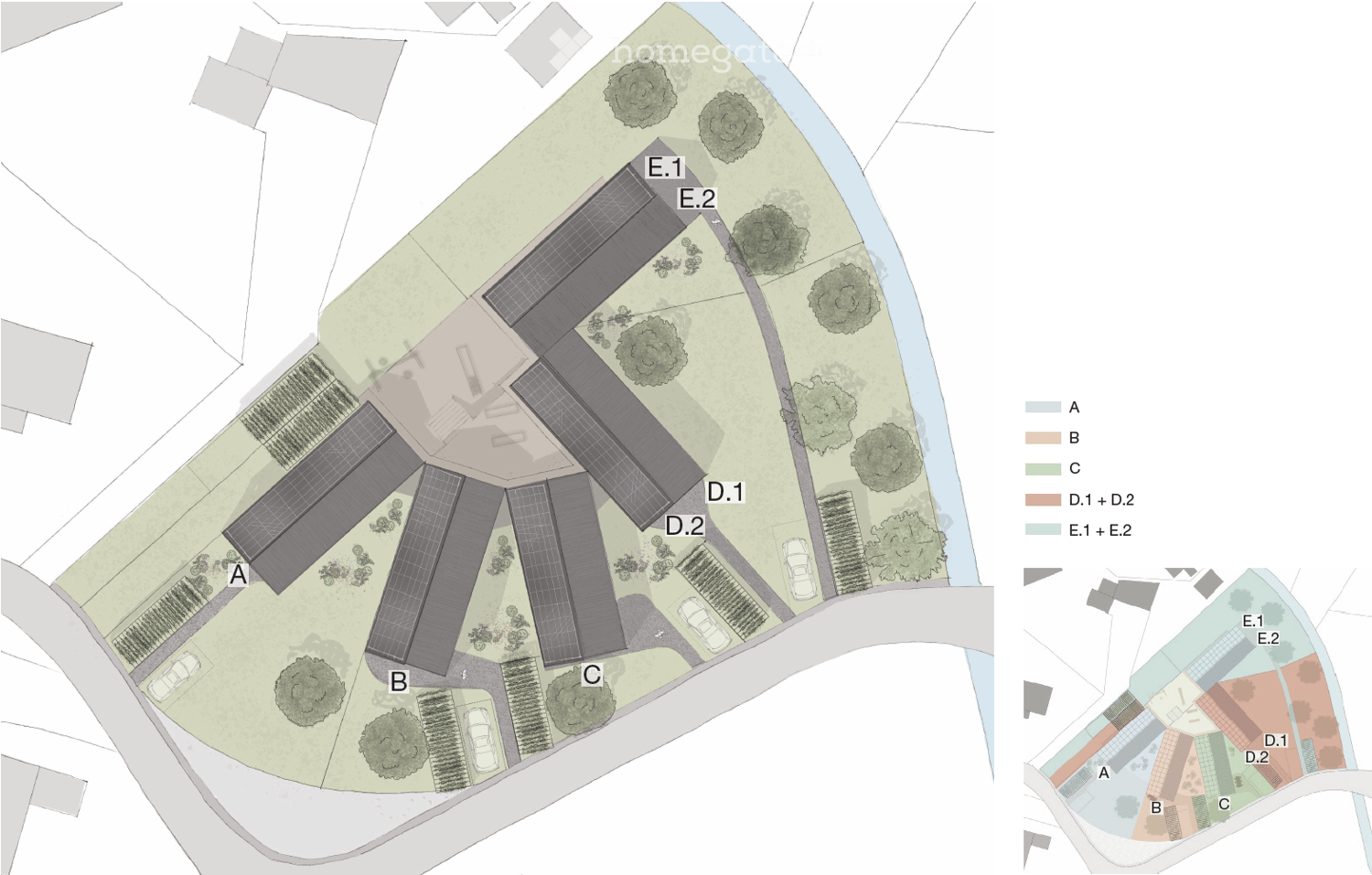Floor plan of a residential complex with labeled zones A, B, C, D.1, D.2, E.1, and E.2. Includes solar panels, parking areas, and landscaped green spaces.