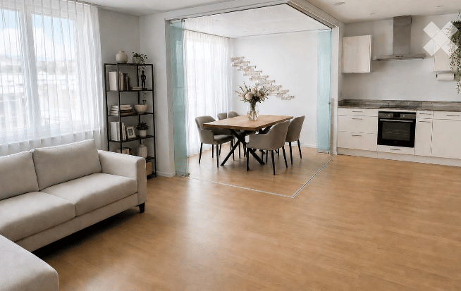 Open-plan living and dining area with light wood flooring, a cream sofa, a dining table with six chairs, a bookshelf, and a modern kitchen with white cabinets and stainless steel appliances.