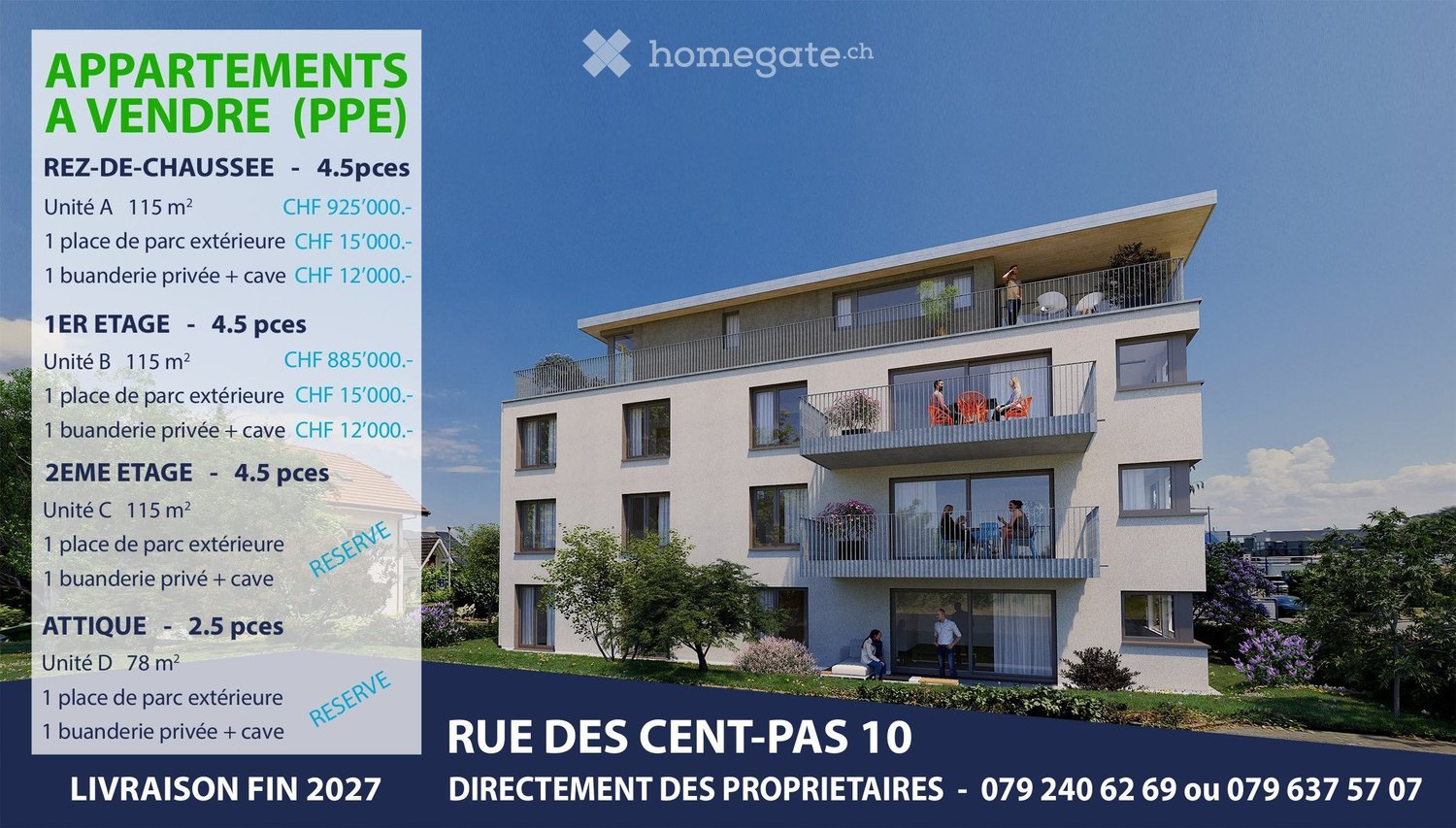 Modern three-story apartment building with balconies, large windows, and a well-maintained garden area.