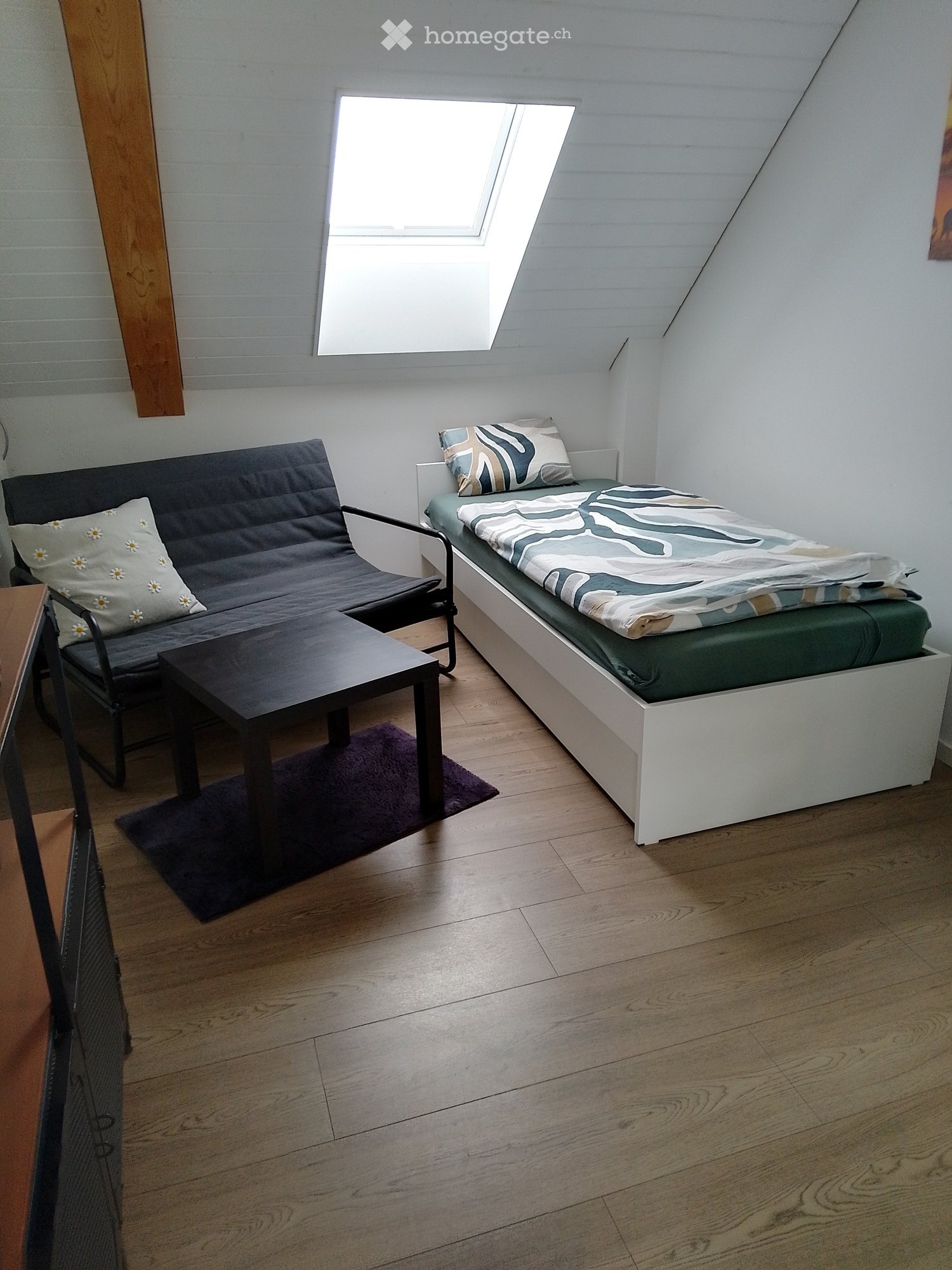 Cozy attic bedroom with wooden floors, a single bed, a sofa, a small table, and a skylight window.