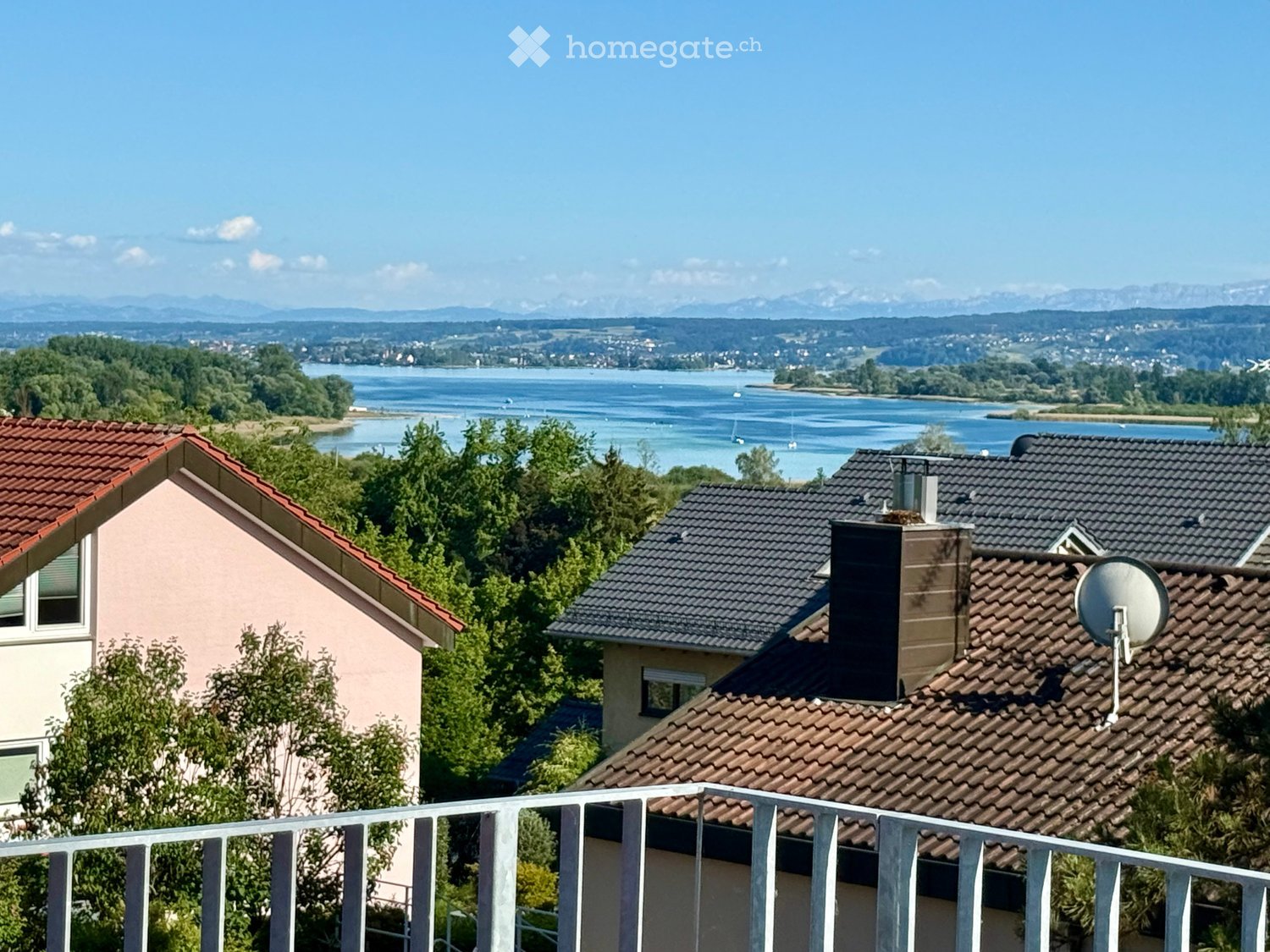 View from a balcony showing several houses with tiled roofs, surrounded by trees, with a lake and distant mountains in the background.