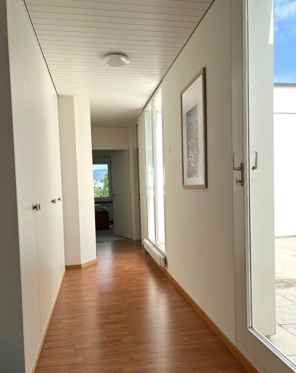 A long, narrow hallway with light wooden flooring, white walls, and a ceiling with recessed lighting. A framed picture hangs on one wall, and a door at the end leads to another room.