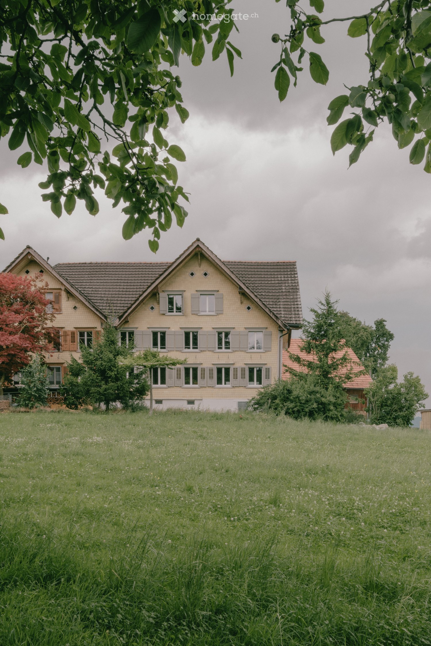 Two-story house with beige siding, multiple windows, and a sloped roof, surrounded by a grassy field and trees.