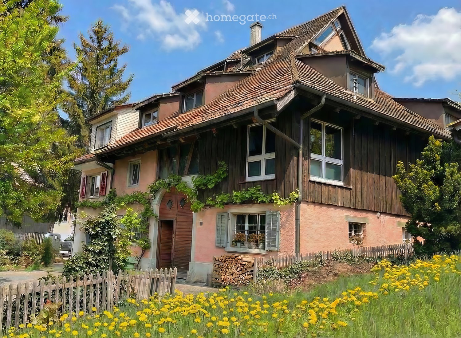 Traditional house, wooden exterior, red roof, multiple windows, wooden door, surrounded by greenery