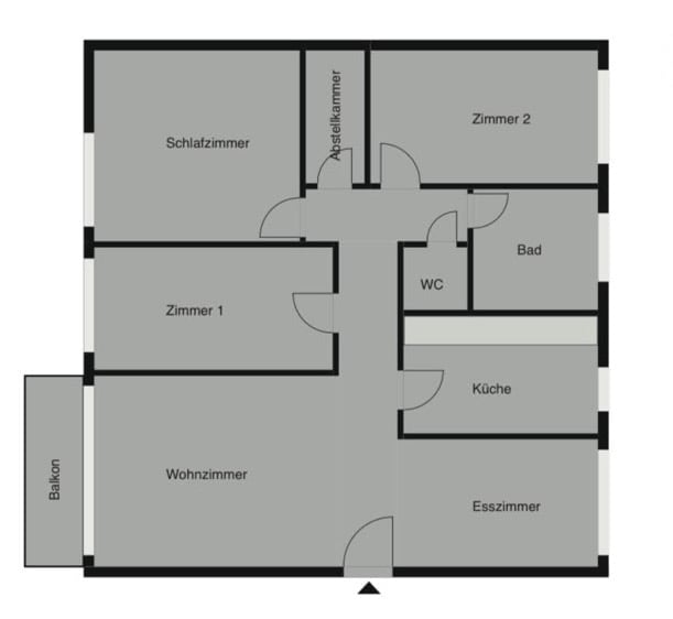 Floor plan of a 3-room apartment with a balcony, including a living room, dining room, bedroom, kitchen, bathroom, and WC.