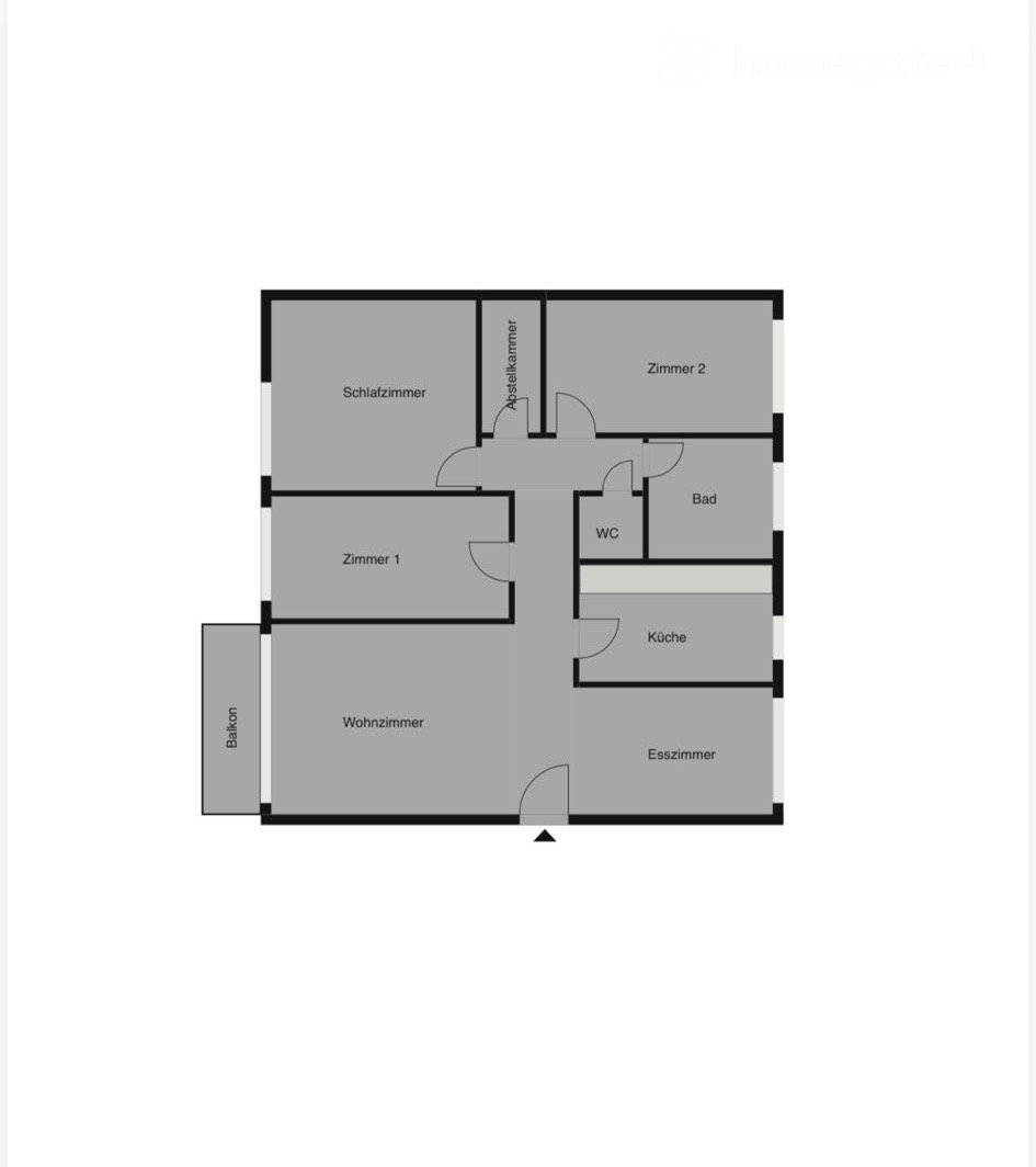 Floor plan showing a living room, dining room, kitchen, two bedrooms, bathroom, WC, and balcony.