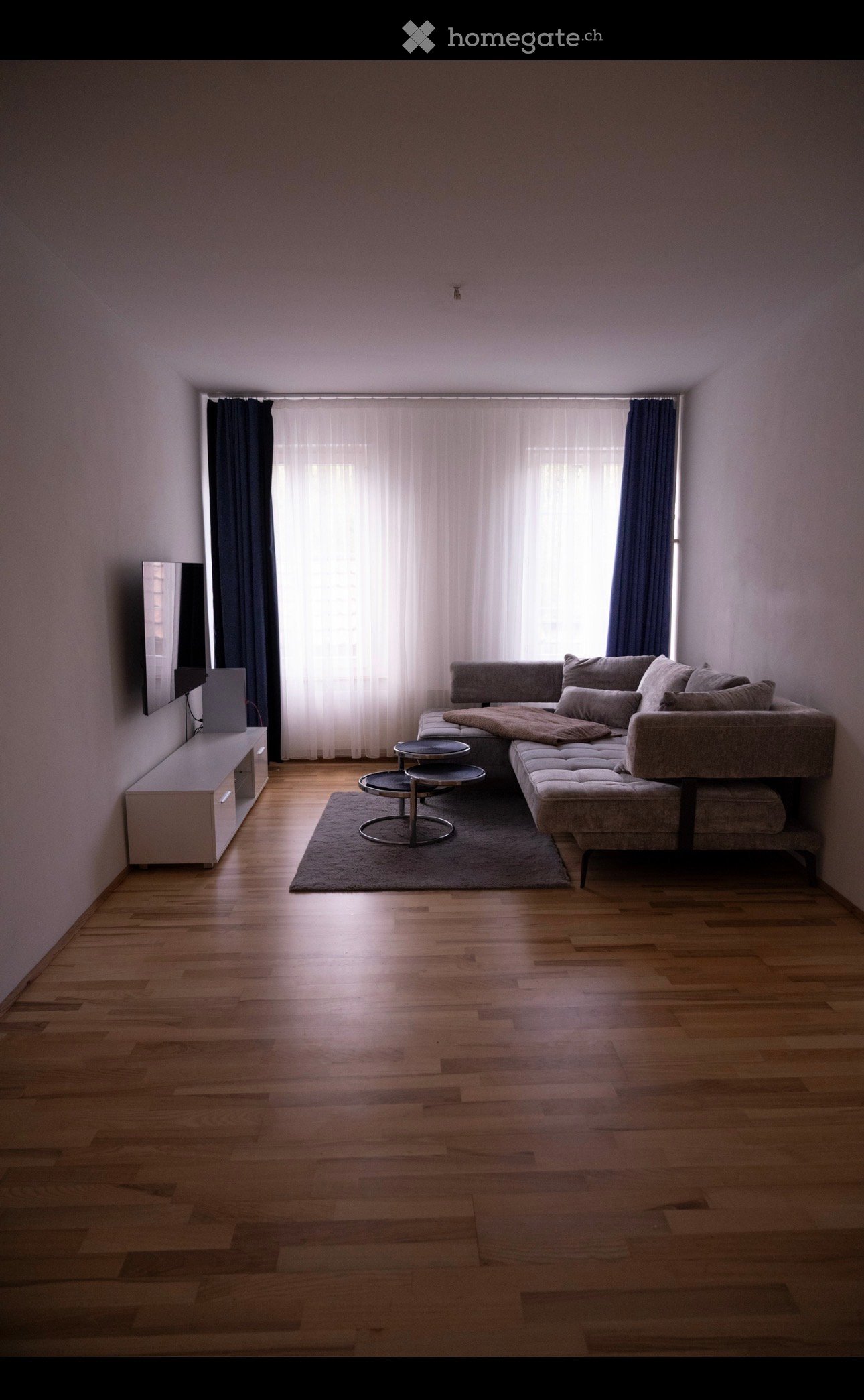 Modern living room with wooden flooring, large window with curtains, grey sofa, coffee table, TV stand, and a small rug.