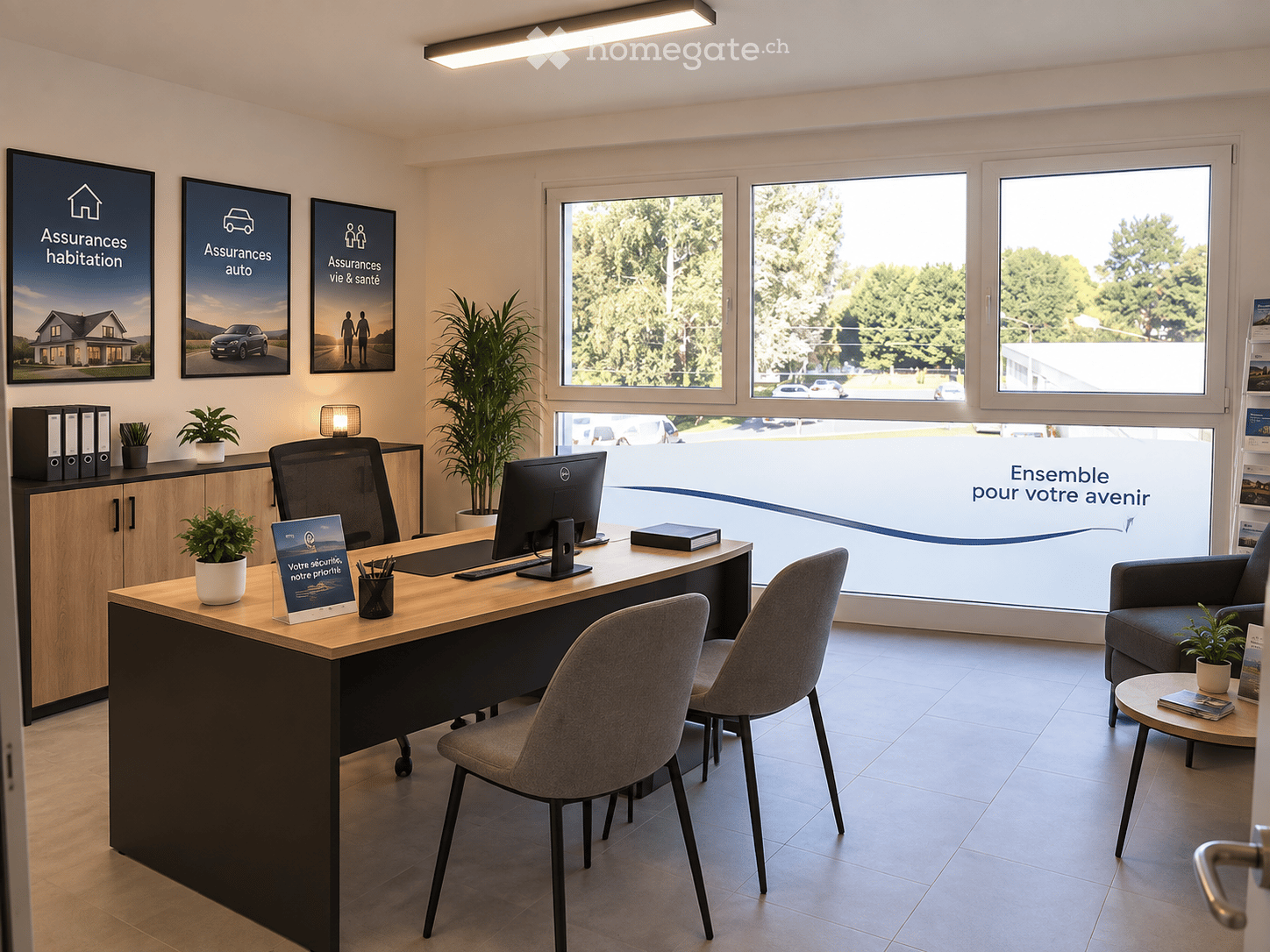 Office space with a large desk, computer screen, chairs, a small sofa, potted plants, and framed pictures on the wall. Large windows provide natural light and a view of the outside.