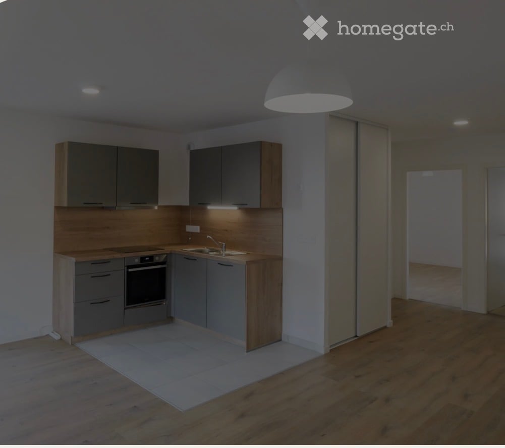 Modern kitchen with grey cabinets, wooden accents, built-in oven, sink, and pendant light. The floor is wooden, and the space is well-lit with under-cabinet lighting.