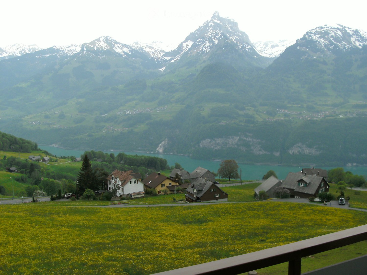 Scenic view of a village nestled in a valley surrounded by mountains and a lake, with houses, trees, and a field of yellow flowers in the foreground.
