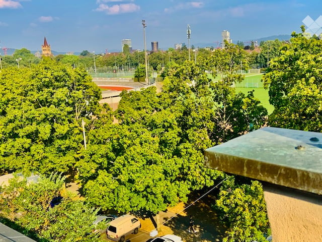 Aerial view of a balcony overlooking a lush green park with trees, a sports field, and distant cityscape with buildings and towers.