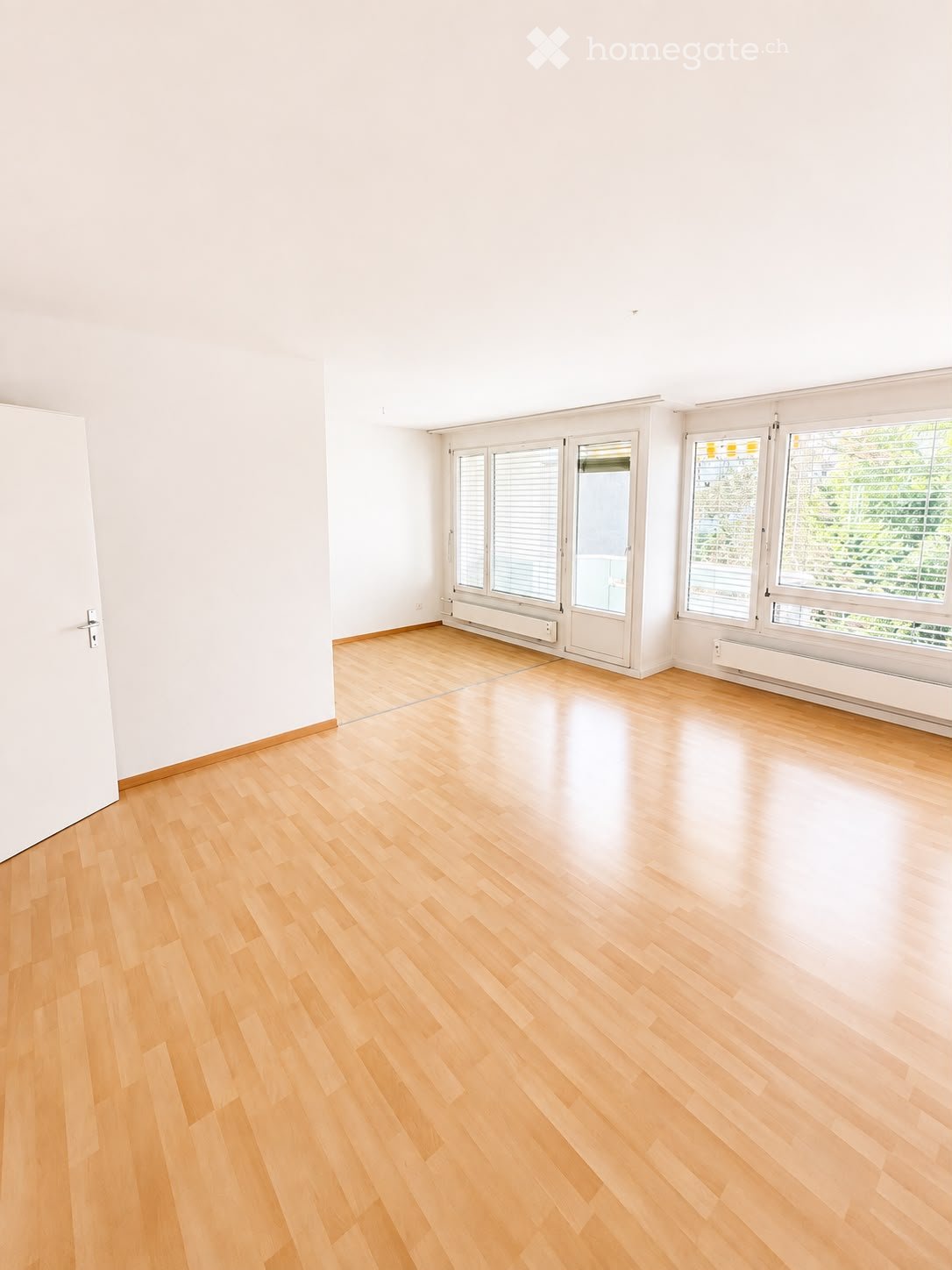 Empty room with light wooden flooring, white walls, large windows with blinds, and a door leading outside.