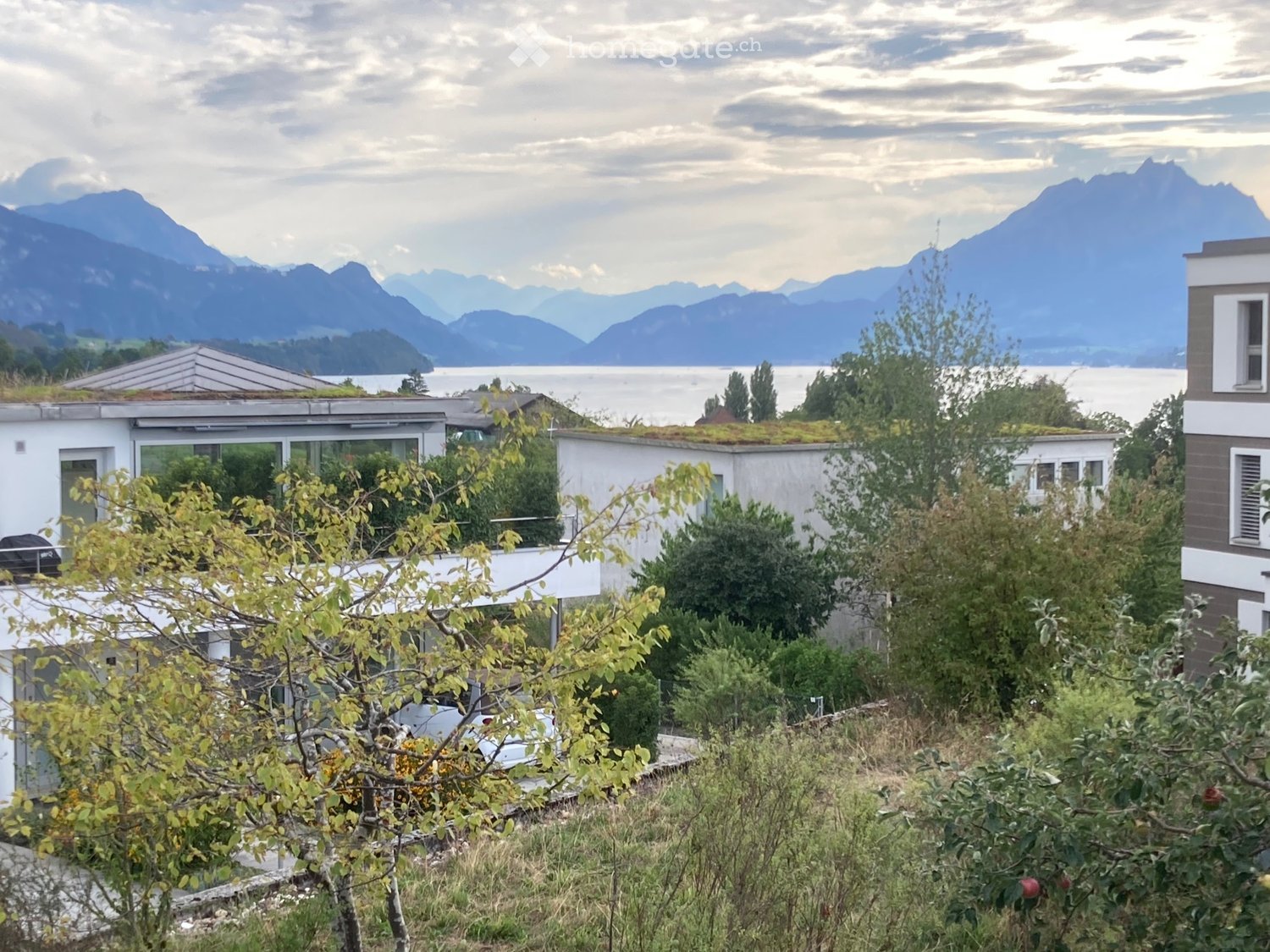 Modern house with white walls, large windows, and a green roof, surrounded by trees and overlooking a lake and mountains.