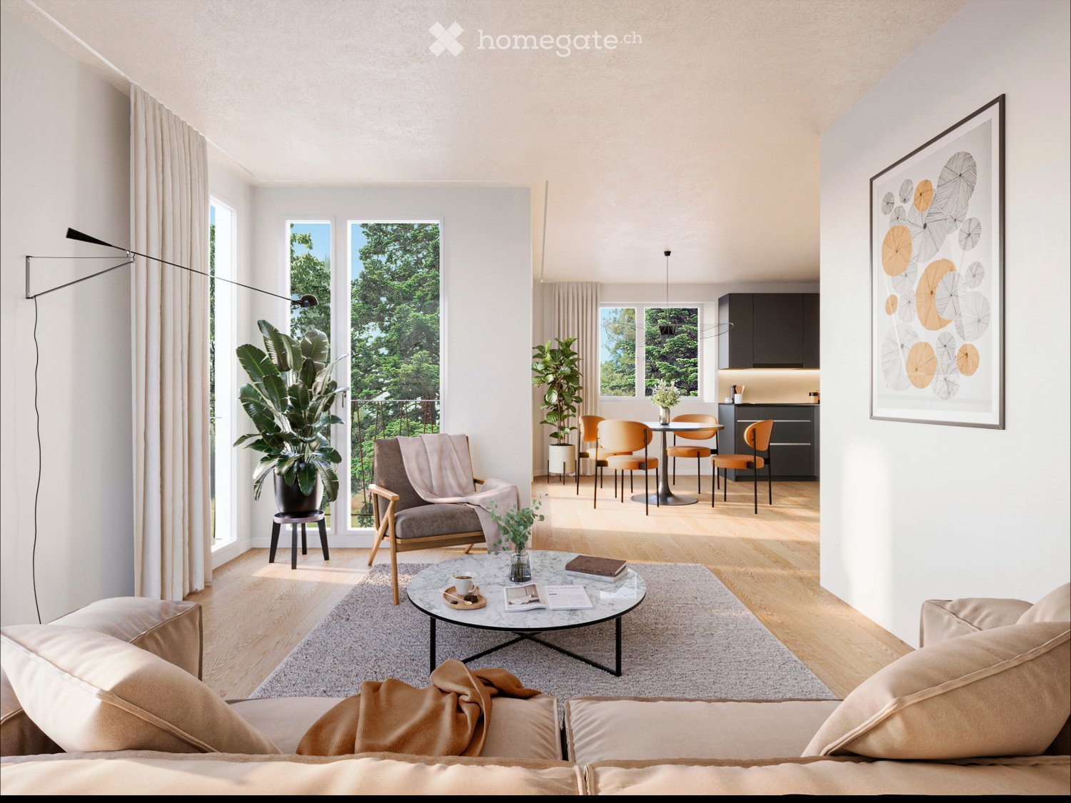 Modern living room with a sofa, coffee table, dining area, and large windows offering a view of greenery.