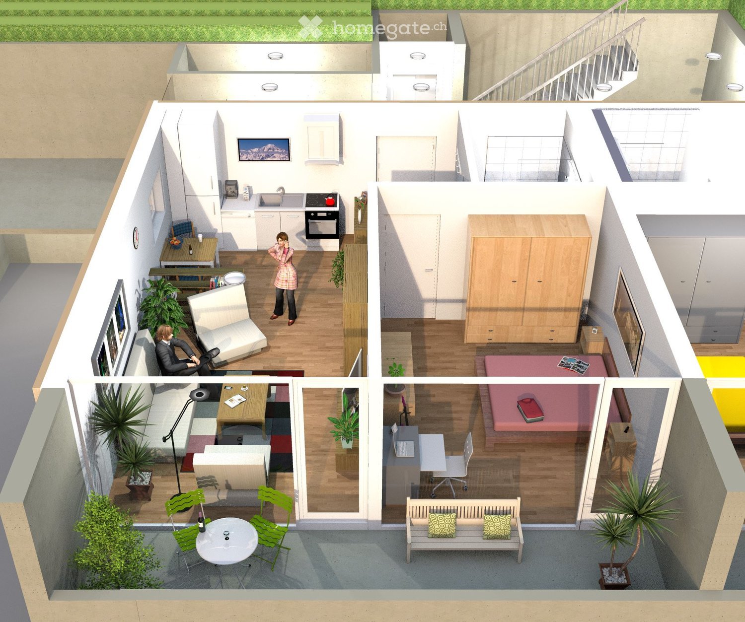 Layout of a modern apartment with a living room, kitchen, bedroom, and balcony. Includes a staircase leading to an upper level with additional rooms.