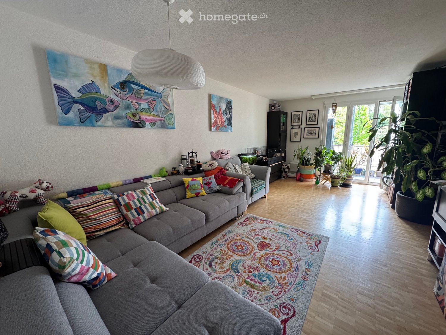 Living room with a grey sectional sofa adorned with colorful pillows, a coffee table, a large pendant light, a patterned rug, and several potted plants near the sliding glass doors.