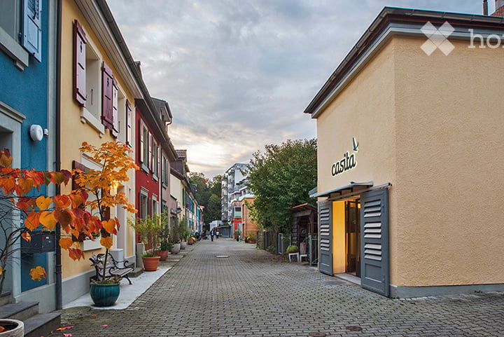 A charming cobblestone street lined with colorful buildings, featuring potted plants and trees, with a shop named "castia" visible on the right.