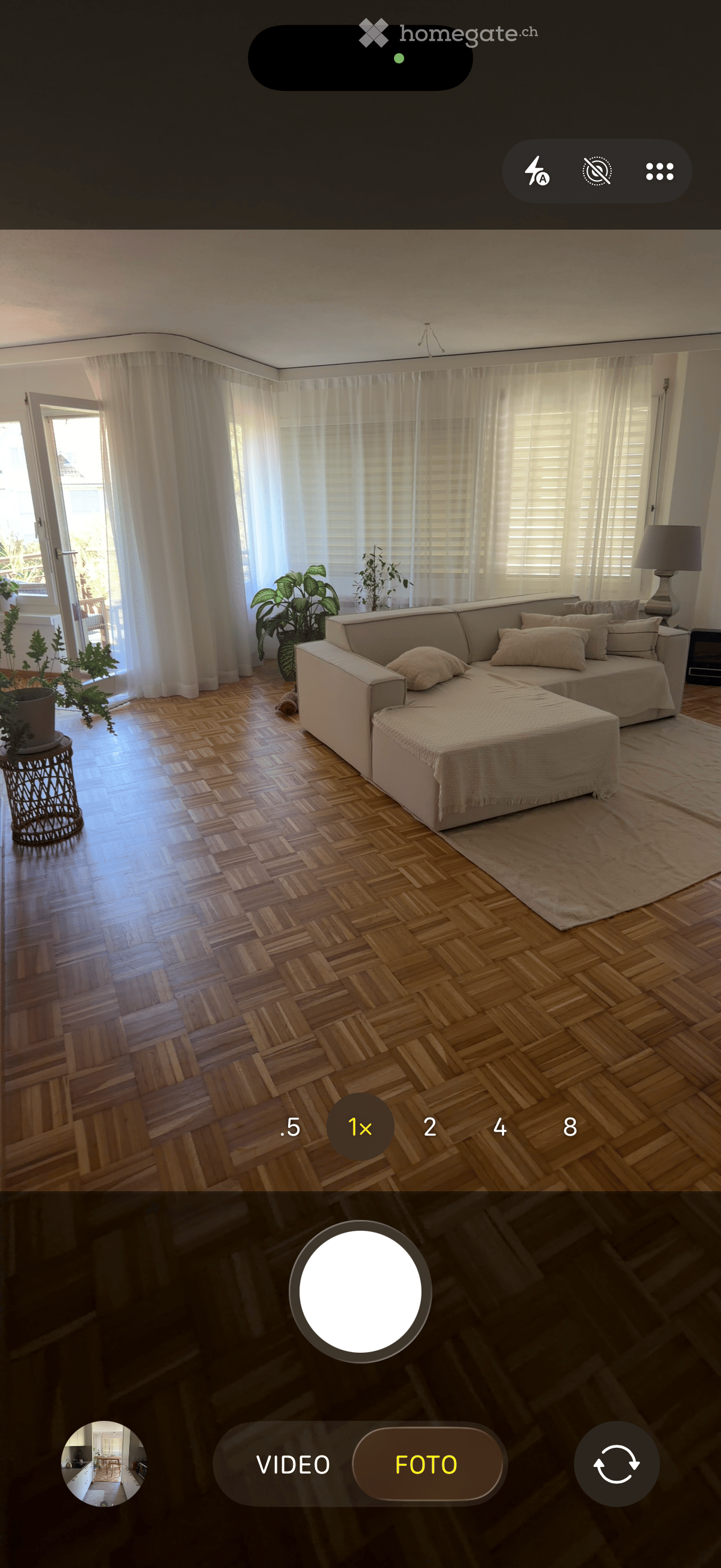 Bright living room with wooden herringbone flooring, large windows with white curtains, a cream-colored sectional sofa with multiple pillows, a side table with a table lamp, and potted plants near the windows.