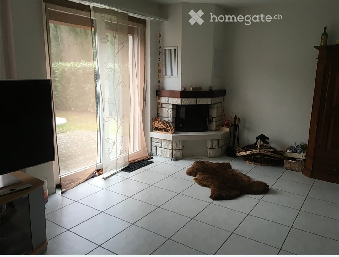 Living room with tiled floor, fireplace, television, and a fur rug on the floor.