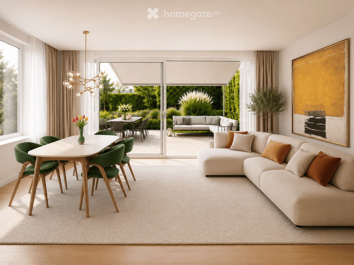 Modern living and dining area with a sectional sofa, coffee table, dining table with chairs, and artwork on the wall. Large windows provide a view of the garden.