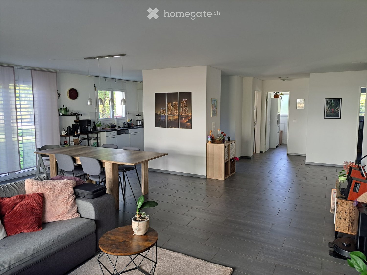 Modern open-plan living and dining area with grey sofa, wooden coffee table, dining table with chairs, kitchen area, and decorative items.