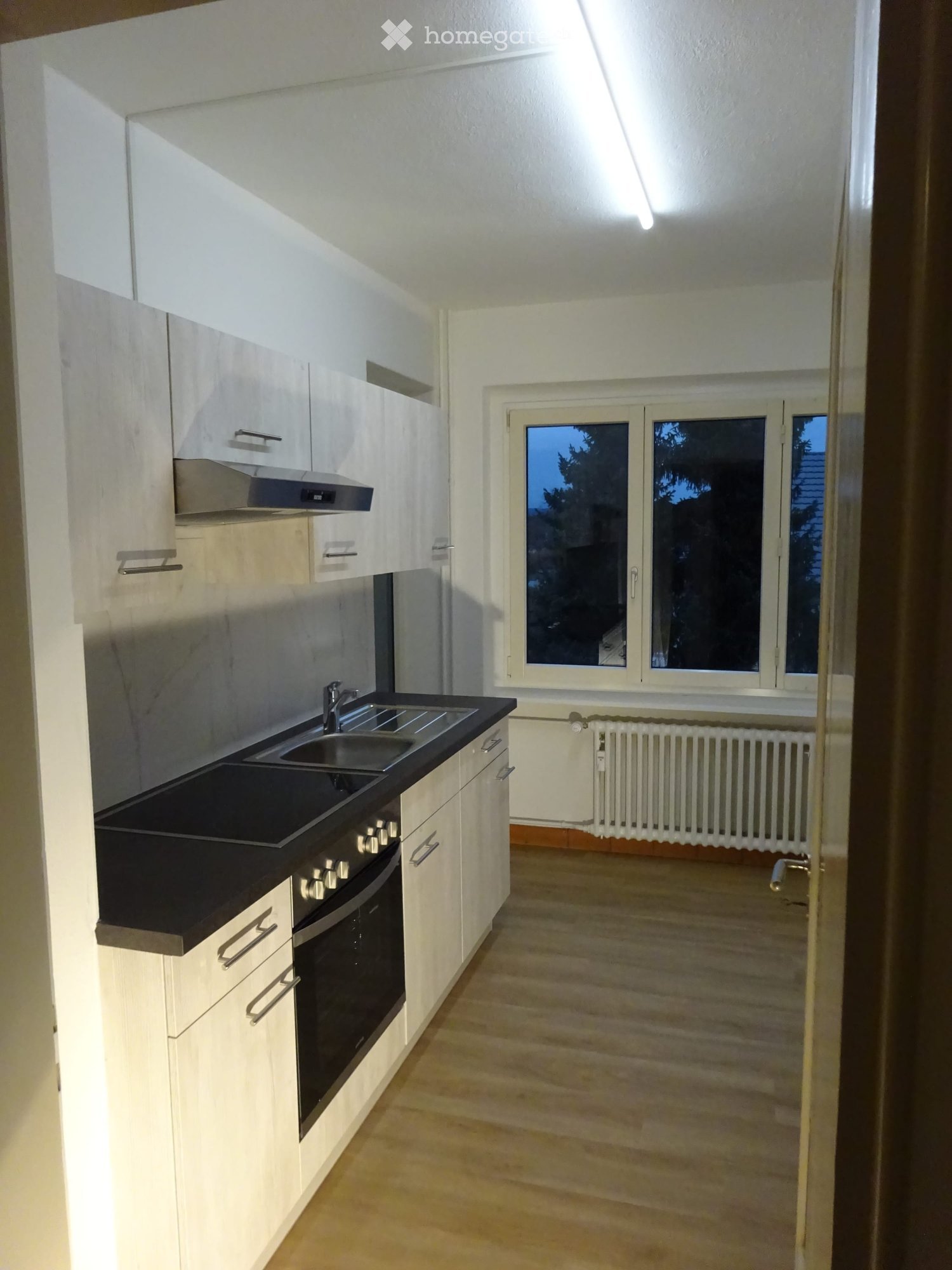 Modern kitchen with white cabinets, black countertop, sink, oven, and radiator visible through an open doorway.