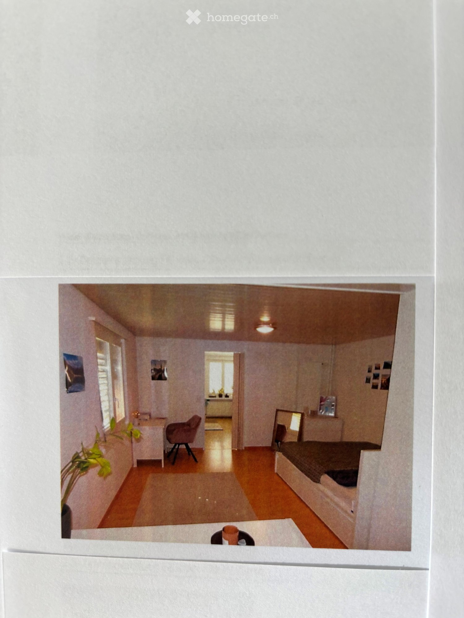 A furnished room with wooden flooring, a chair, a small table, a mirror, and a plant. The room has large windows and a door leading to another space.