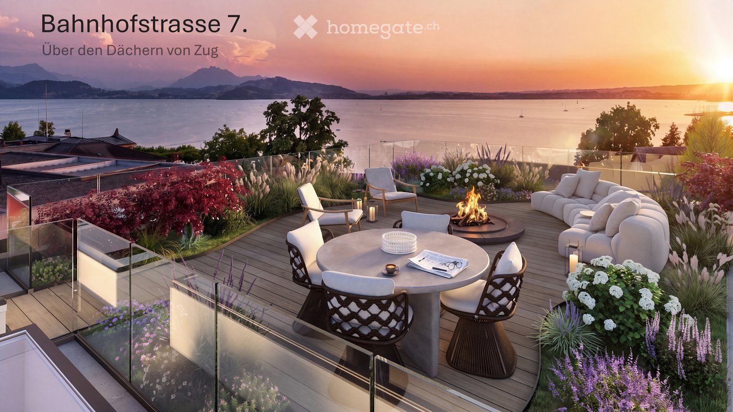 Rooftop terrace with a panoramic view of a lake and mountains, featuring a sofa, dining table with chairs, and a fireplace surrounded by plants and flowers.