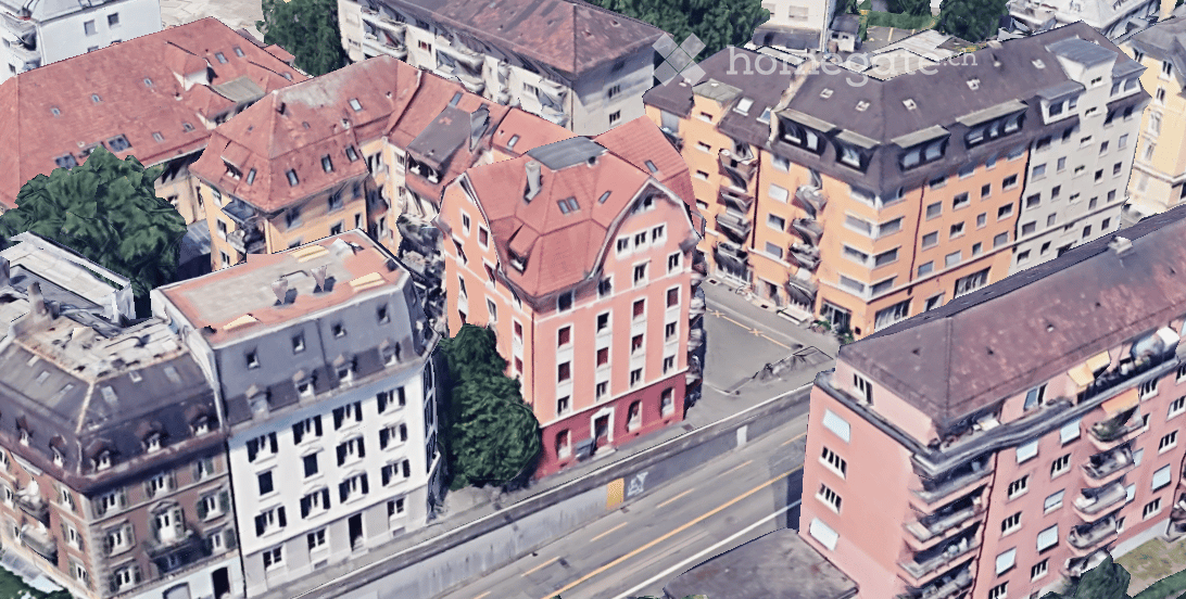 Urban city scene, row of multi-story buildings with varying architectural designs, street