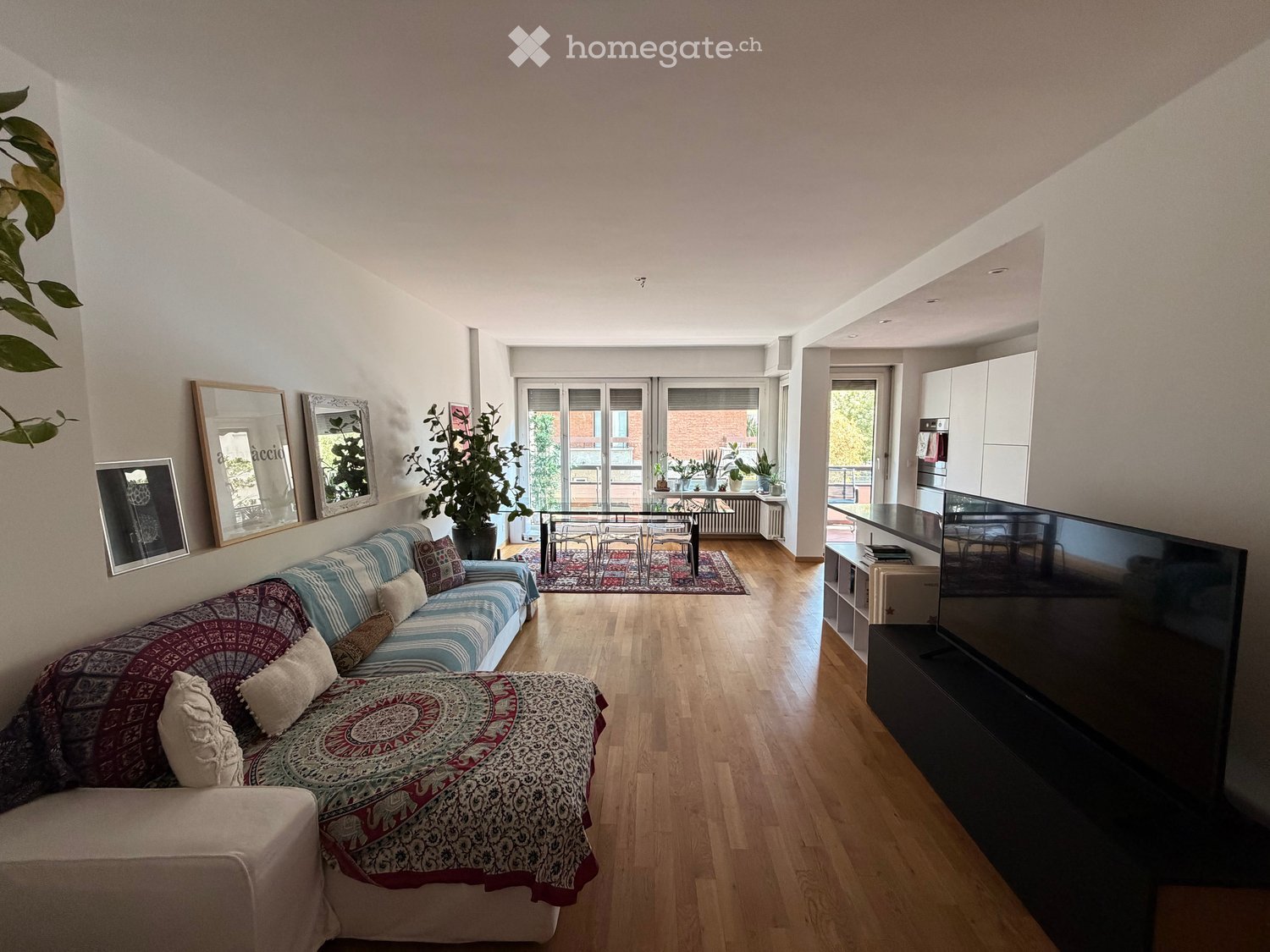 Modern living room with wooden flooring, a patterned sofa, throw blanket, pillows, TV, dining table, chairs, kitchen area, and decorative mirrors.