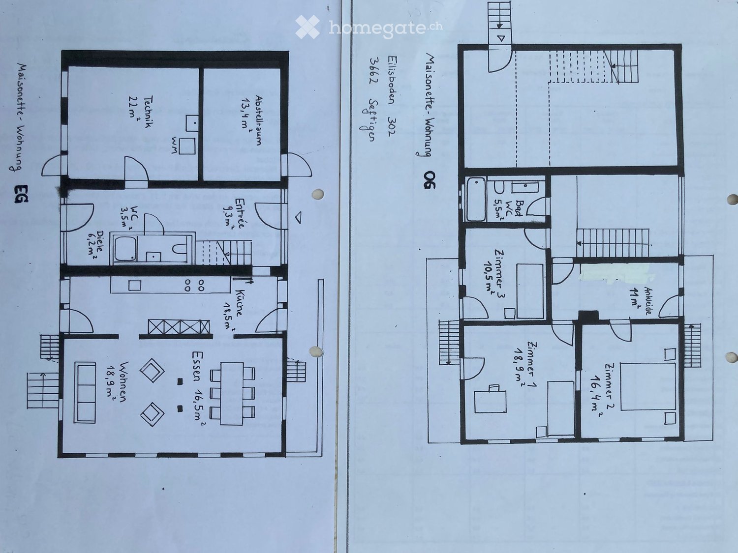 Floor plan of a two-story house with labeled rooms including living room, dining room, kitchen, bedrooms, bathrooms, and technical room.