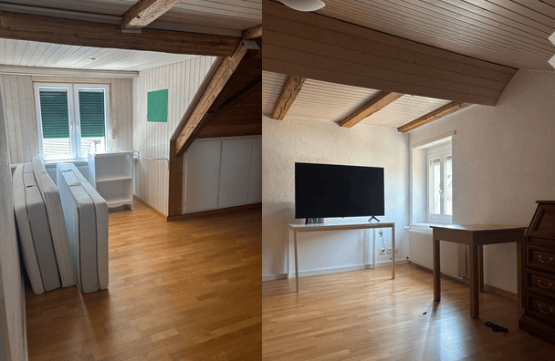 Two images showing a furnished room with wooden floors, exposed wooden beams, and large windows. The left image shows a sofa and a small cabinet, while the right image shows a television on a stand, a small table, and a radiator.