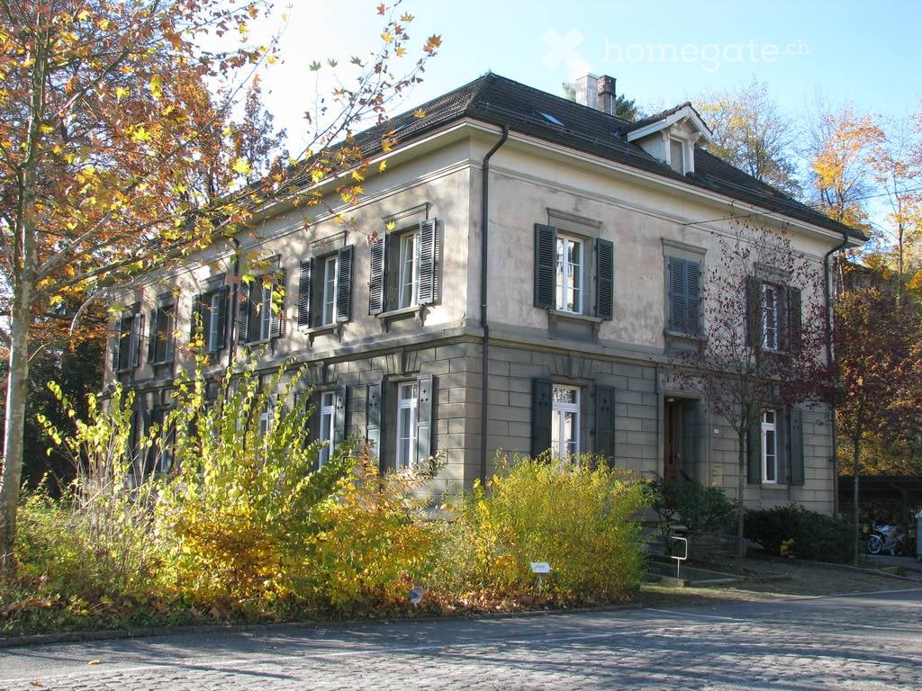 Two-story house with beige facade, multiple windows with shutters, and a chimney. Surrounded by autumn foliage and small shrubs.