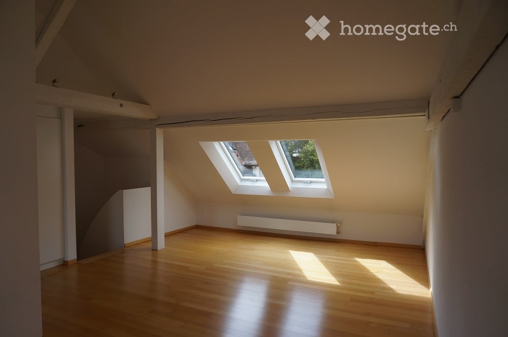 Empty attic room with wooden flooring, white walls, and skylight windows allowing natural light to enter.