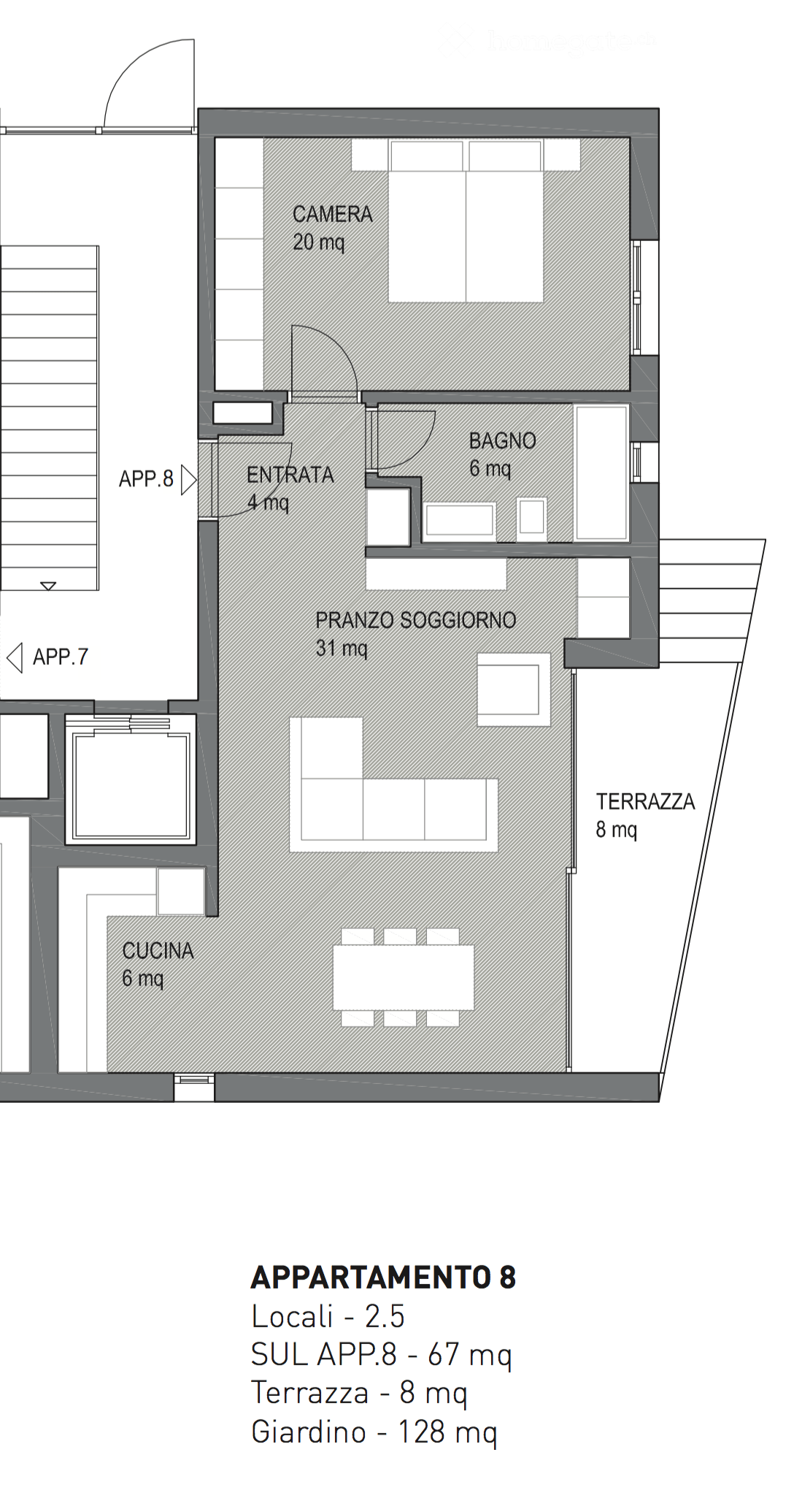 Floor plan of Apartment 8, featuring a living/dining area, kitchen, bedroom, bathroom, and terrace.