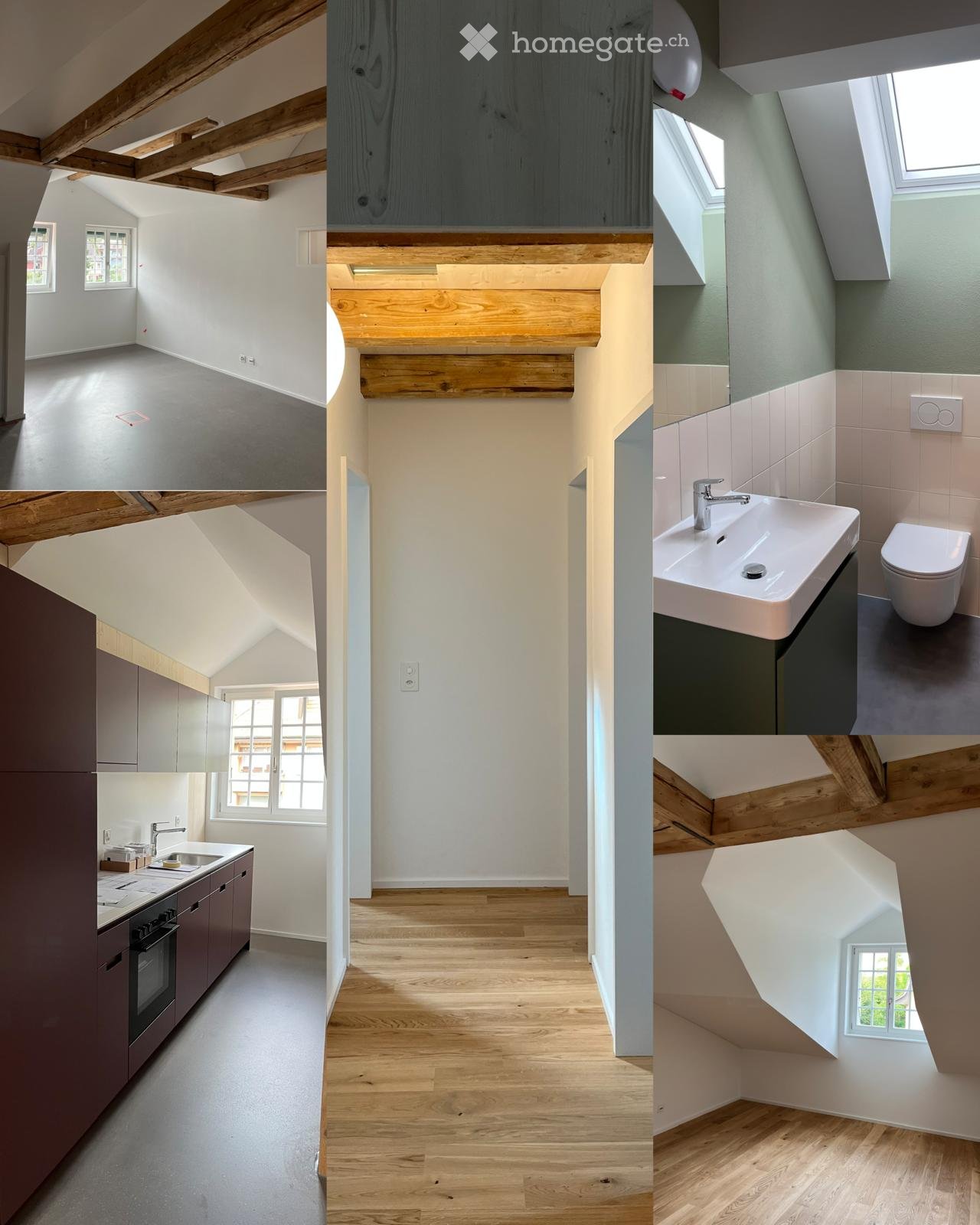A collage of images showcasing a modern, loft-style house with exposed wooden beams, large windows, and multiple rooms including a kitchen, bathroom, and living space.