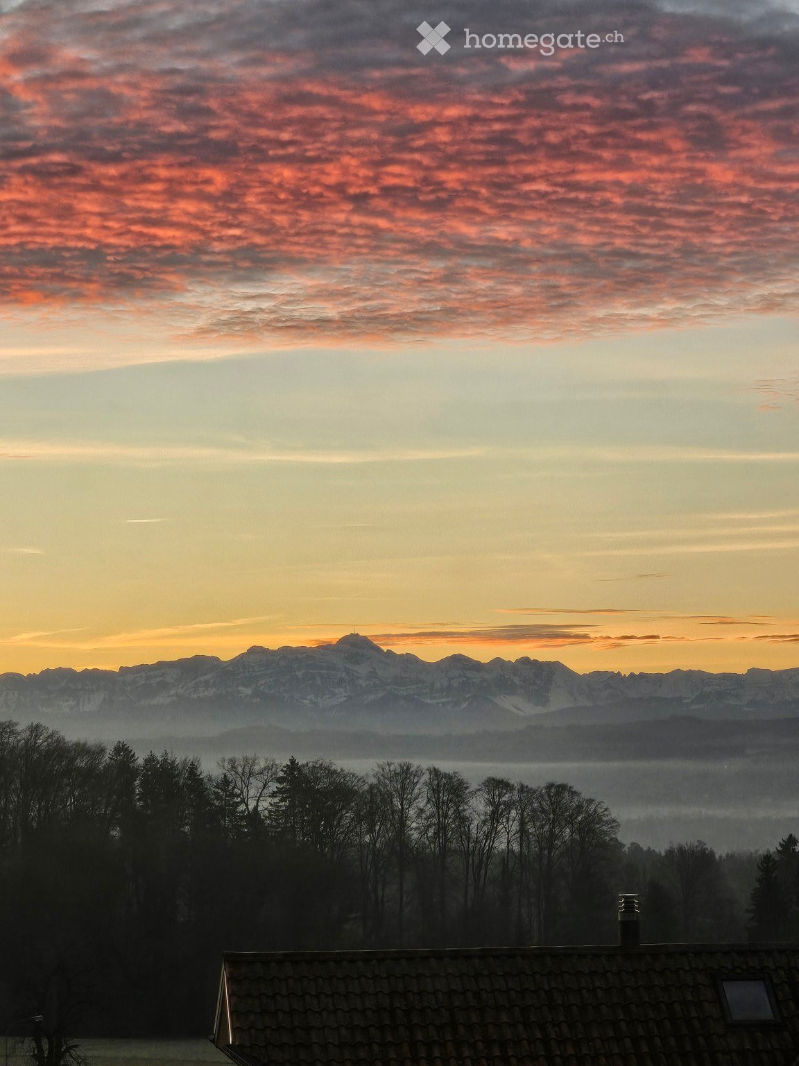 A serene view from a rooftop terrace showcasing a picturesque mountain range at sunset, with a clear sky transitioning from warm orange to deep blue hues, surrounded by silhouettes of trees and a distant forest.