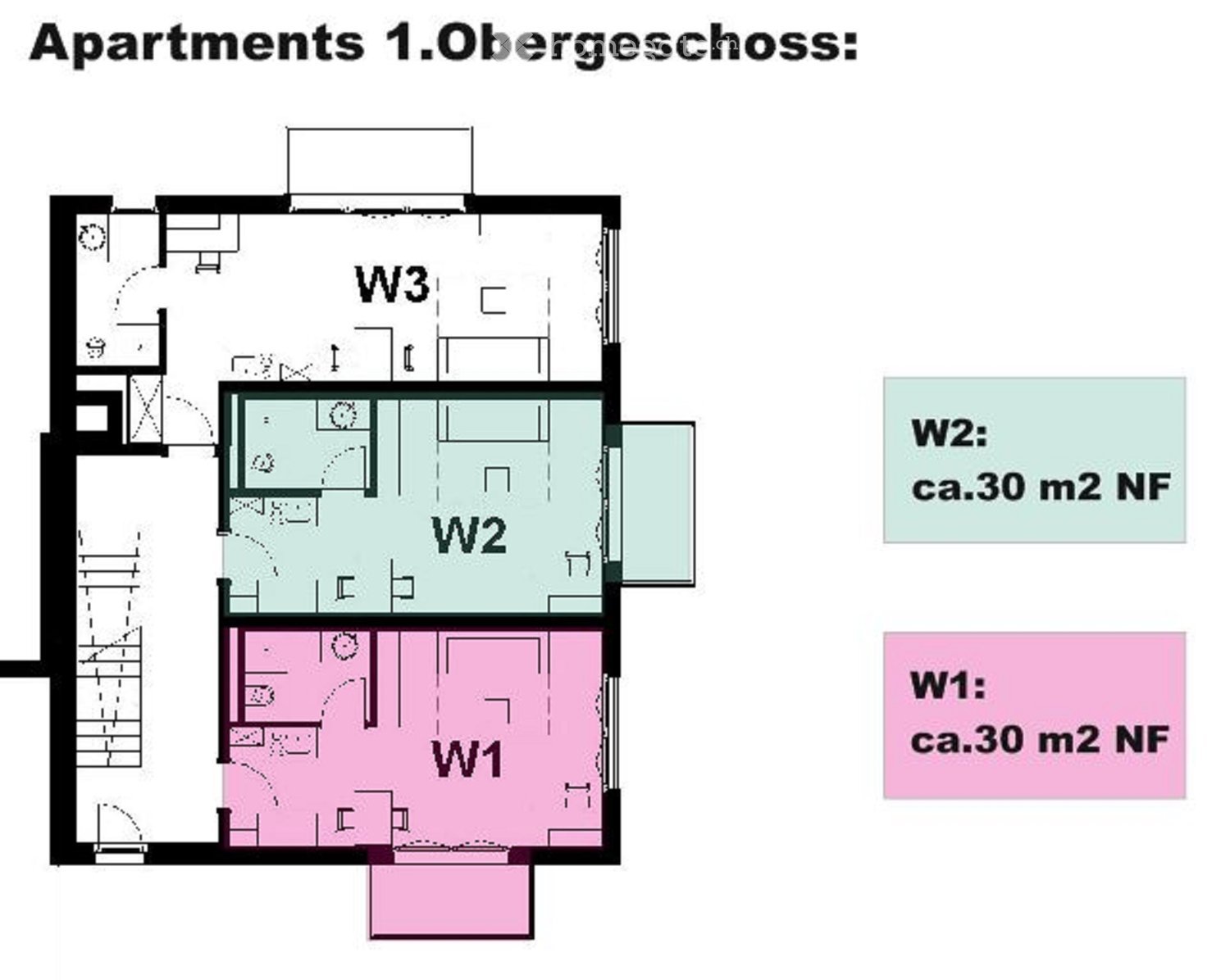 Floor plan of the first upper floor showing three rooms (W1, W2, W3) and a small hallway area.