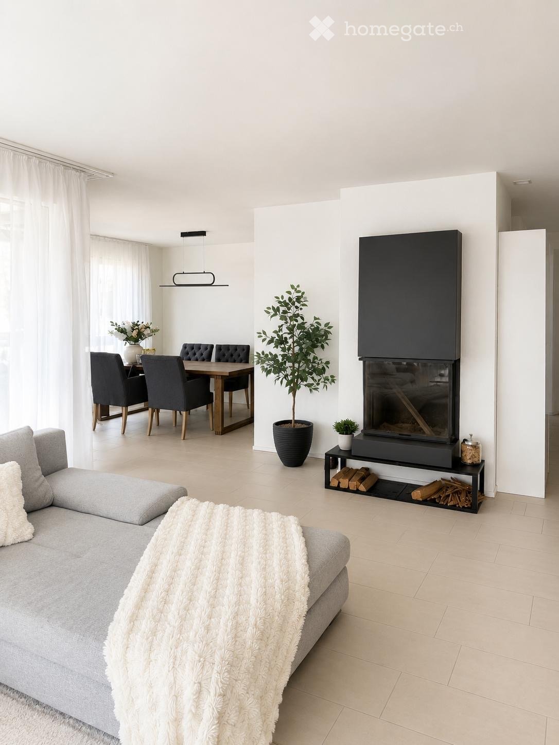 Modern living and dining area with a grey sofa, dining table with chairs, fireplace, potted plants, and decorative items.