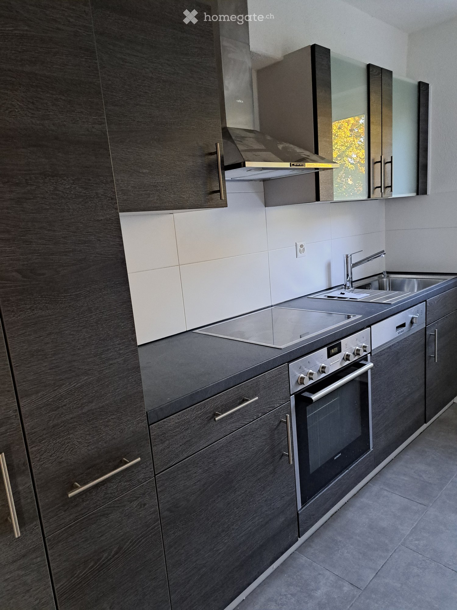 Modern kitchen with dark wood cabinets, stainless steel appliances, and a sleek design.