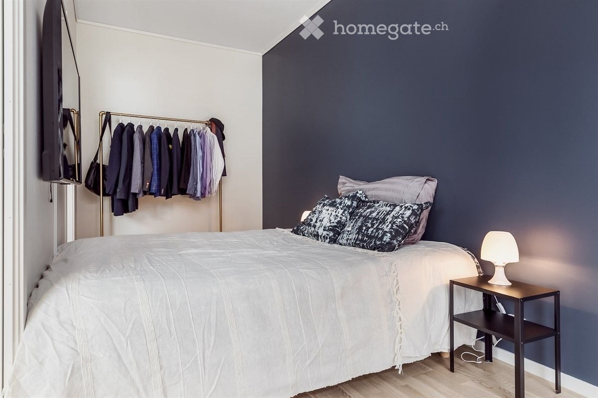 Modern bedroom with a large bed, nightstand, lamp, and clothing rack. The walls are painted in contrasting dark and light tones, and the floor is light wood.