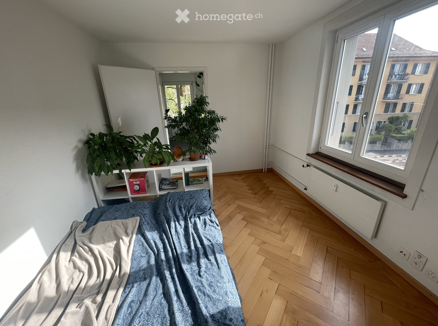 Bedroom with wooden flooring, a bed with patterned bedding, a shelf with plants and books, and a large window with a view of the city.
