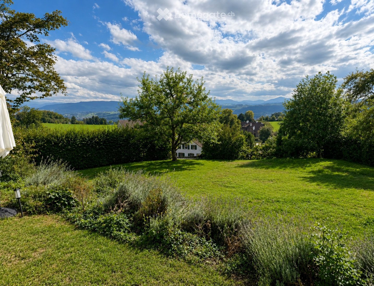 A well-maintained garden with lush green grass, shrubs, and trees, offering a scenic view of distant mountains and a small house in the background.