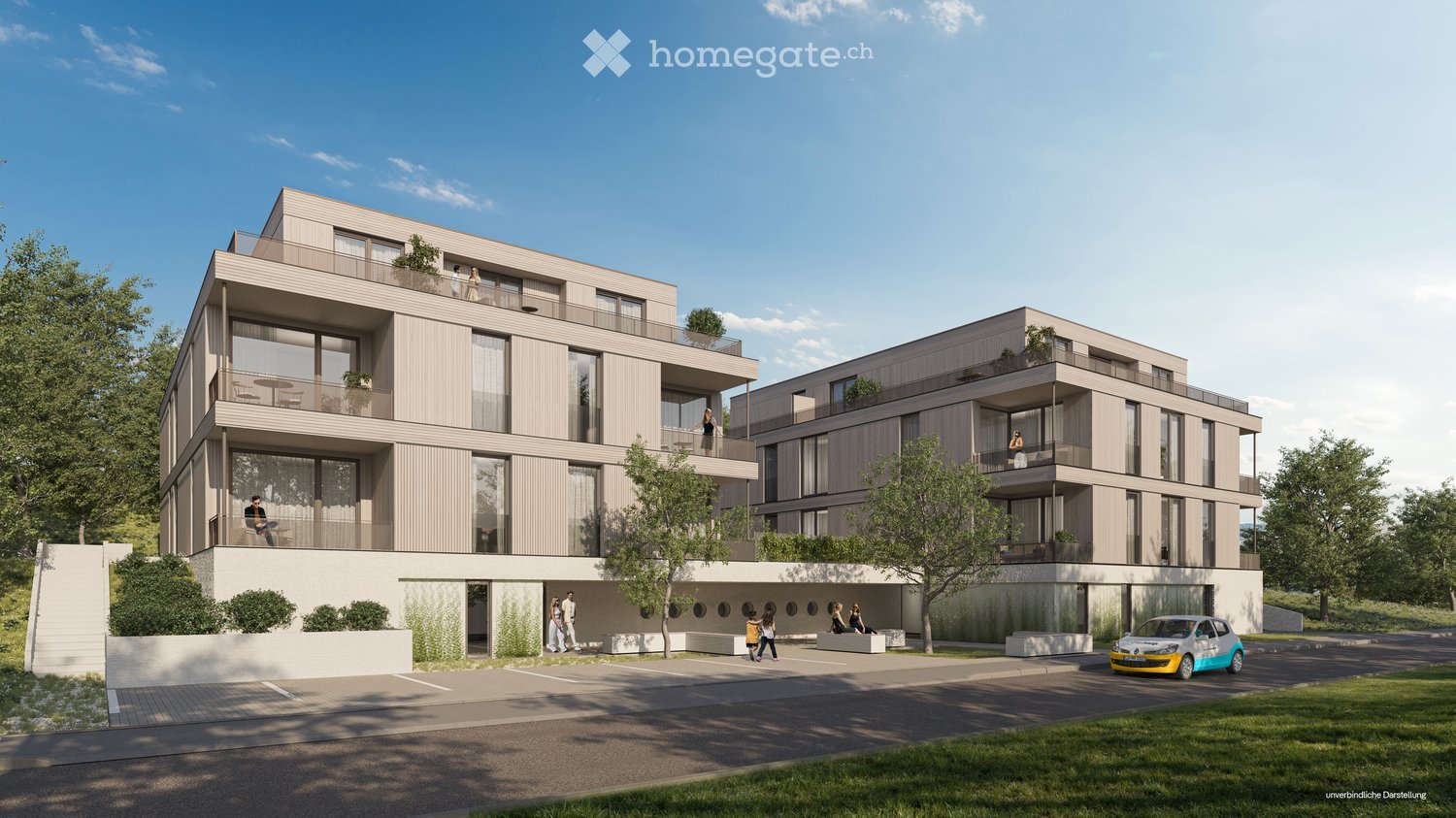 Modern multi-story residential building with balconies, large windows, and a contemporary design. The building features a mix of light and dark tones, with greenery and a parking area in front.