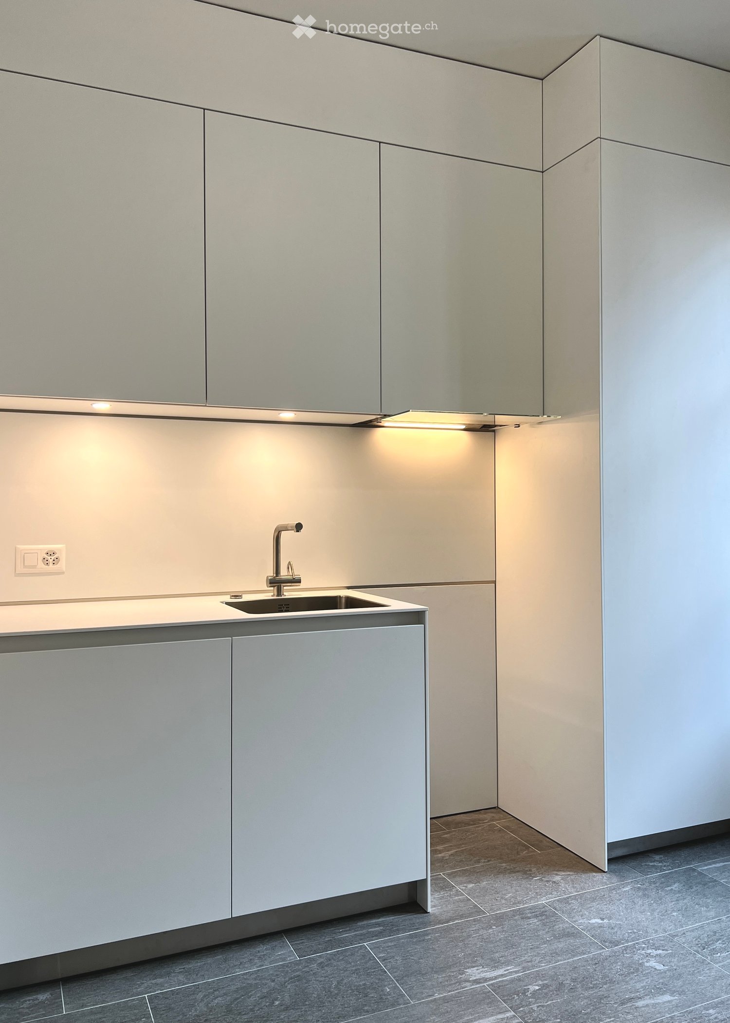 Modern kitchen with sleek, light grey cabinets, a stainless steel sink, and a contemporary faucet. The space features built-in lighting above the sink and a dark tiled floor.