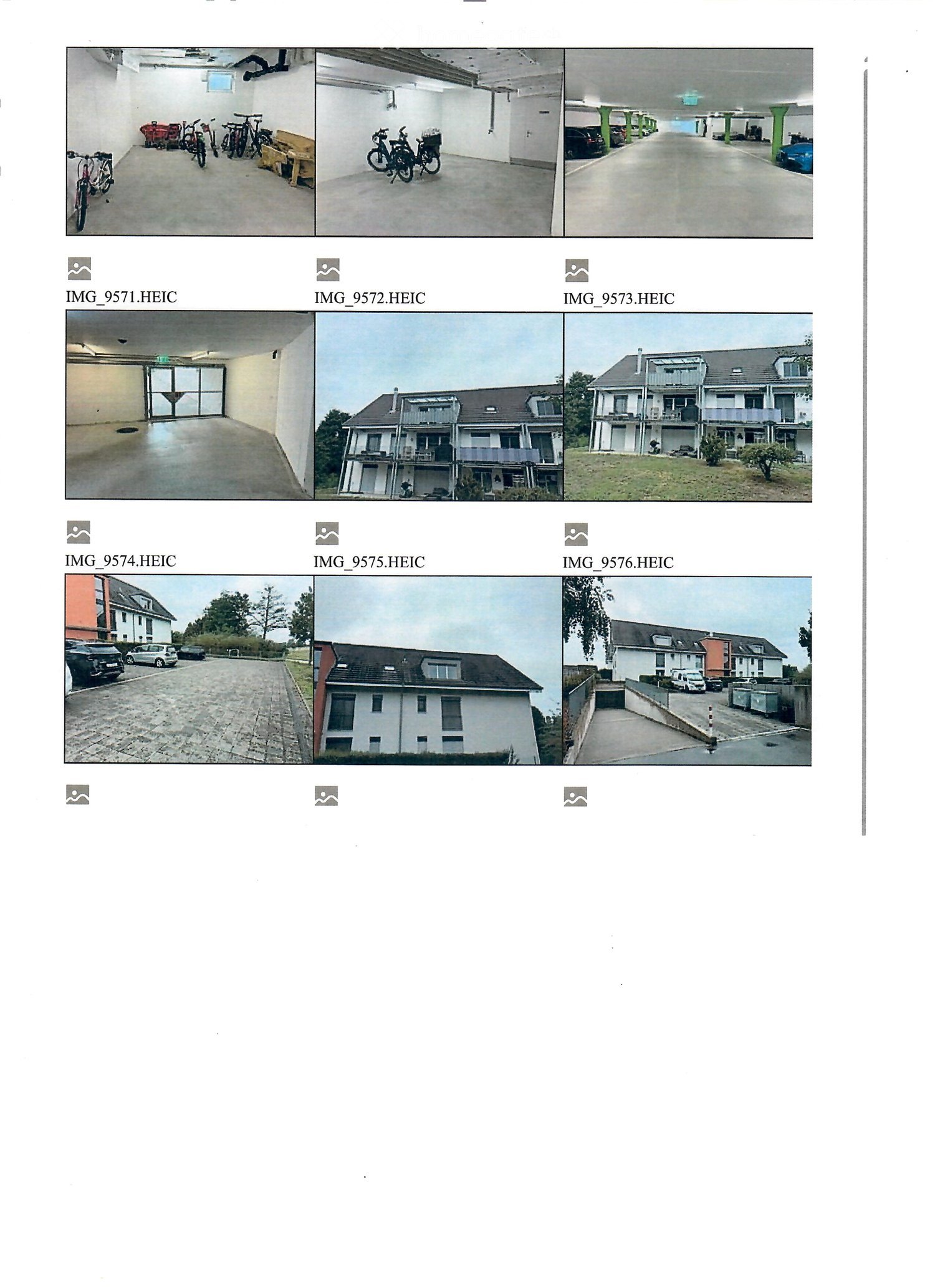 Multiple images showing a multi-story residential building with balconies, parking areas, and outdoor spaces.
